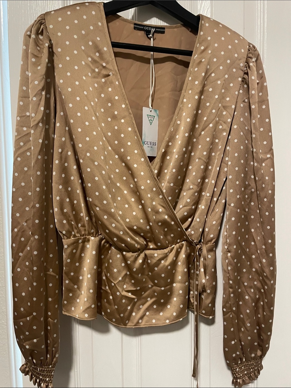 GUESS Tan Polka Dot Wrap-style Blouse with Puff Sleeves